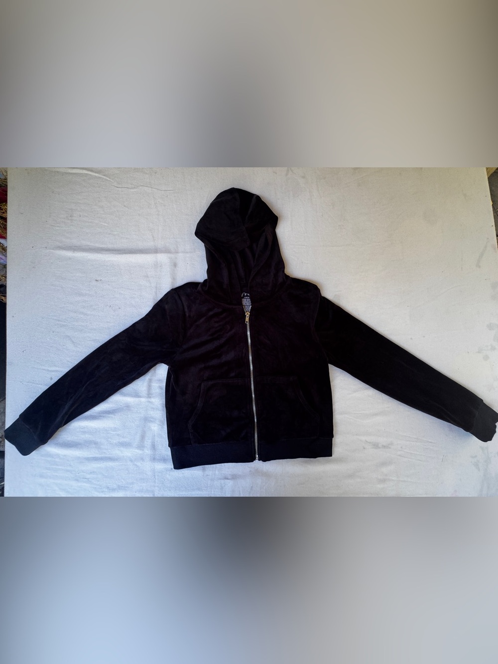Girls zip up hoodie black faux velvet Size 10-12